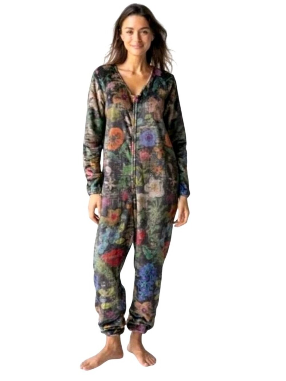 Natural Life Fleece One Piece Pajamas Size L Floral Boho Cozy Zip Up